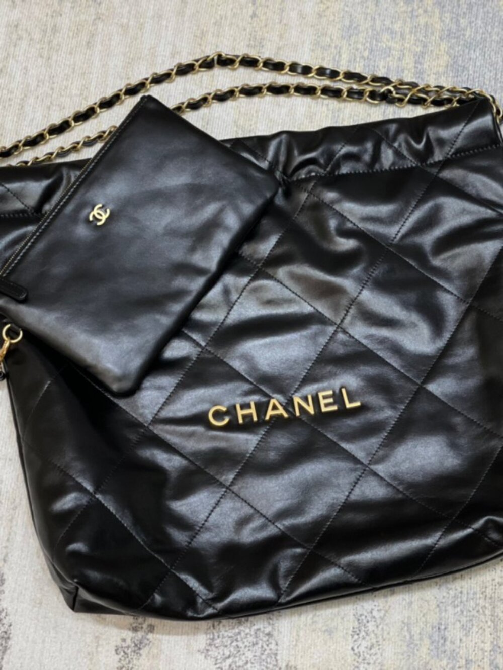 Chanel Chanel 22 shiny calfskin Chain Shoulder Bag Black Gold Metal Fitting